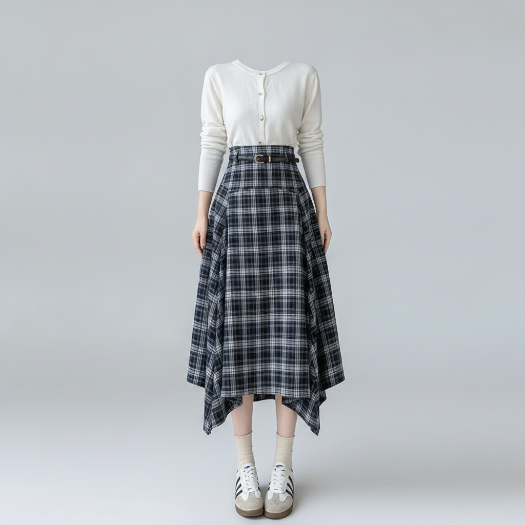FIRNGOODS Retro Karo Asymmetrischer Rock hoch tailliert A-Linie