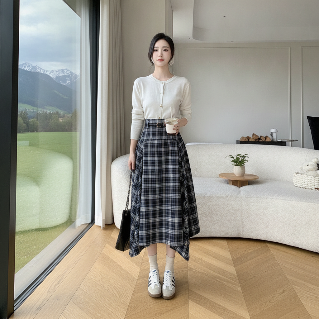 FIRNGOODS Retro Karo Asymmetrischer Rock hoch tailliert A-Linie — view 2