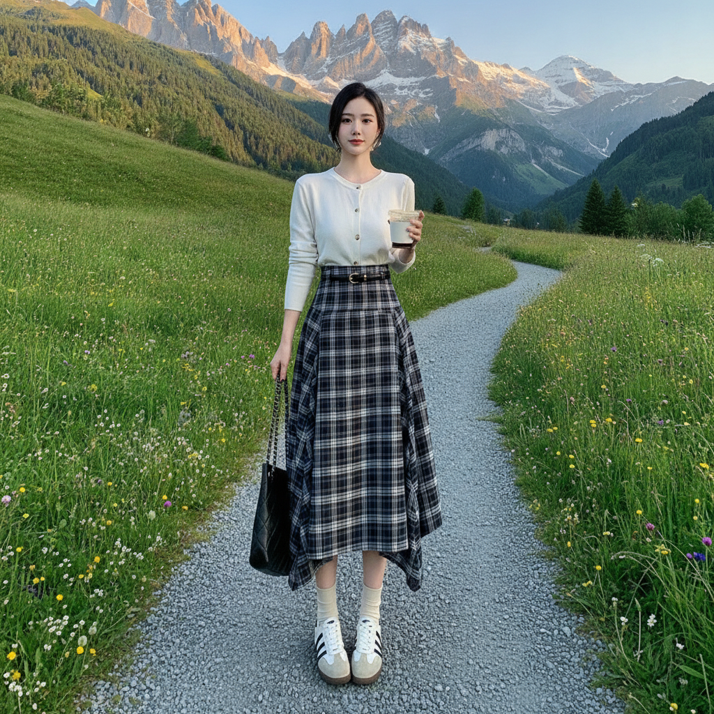 FIRNGOODS Retro Karo Asymmetrischer Rock hoch tailliert A-Linie — view 3