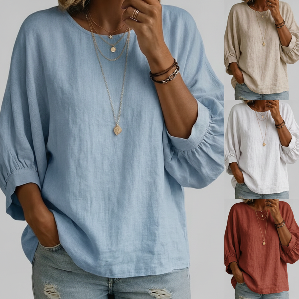 Womens Casual Three-quarter-sleeve Shirt Loose-fitting Round-neck Top